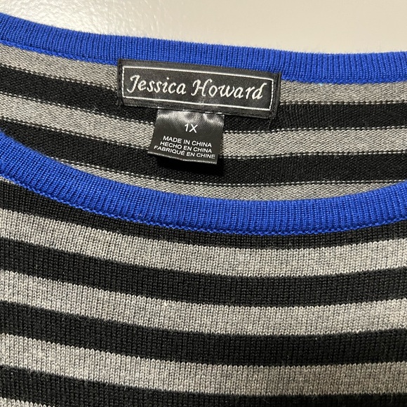 Jessica Howard Black and Gray Striped Sweater Dress with Blue Trim Sz 1X - Picture 2 of 5